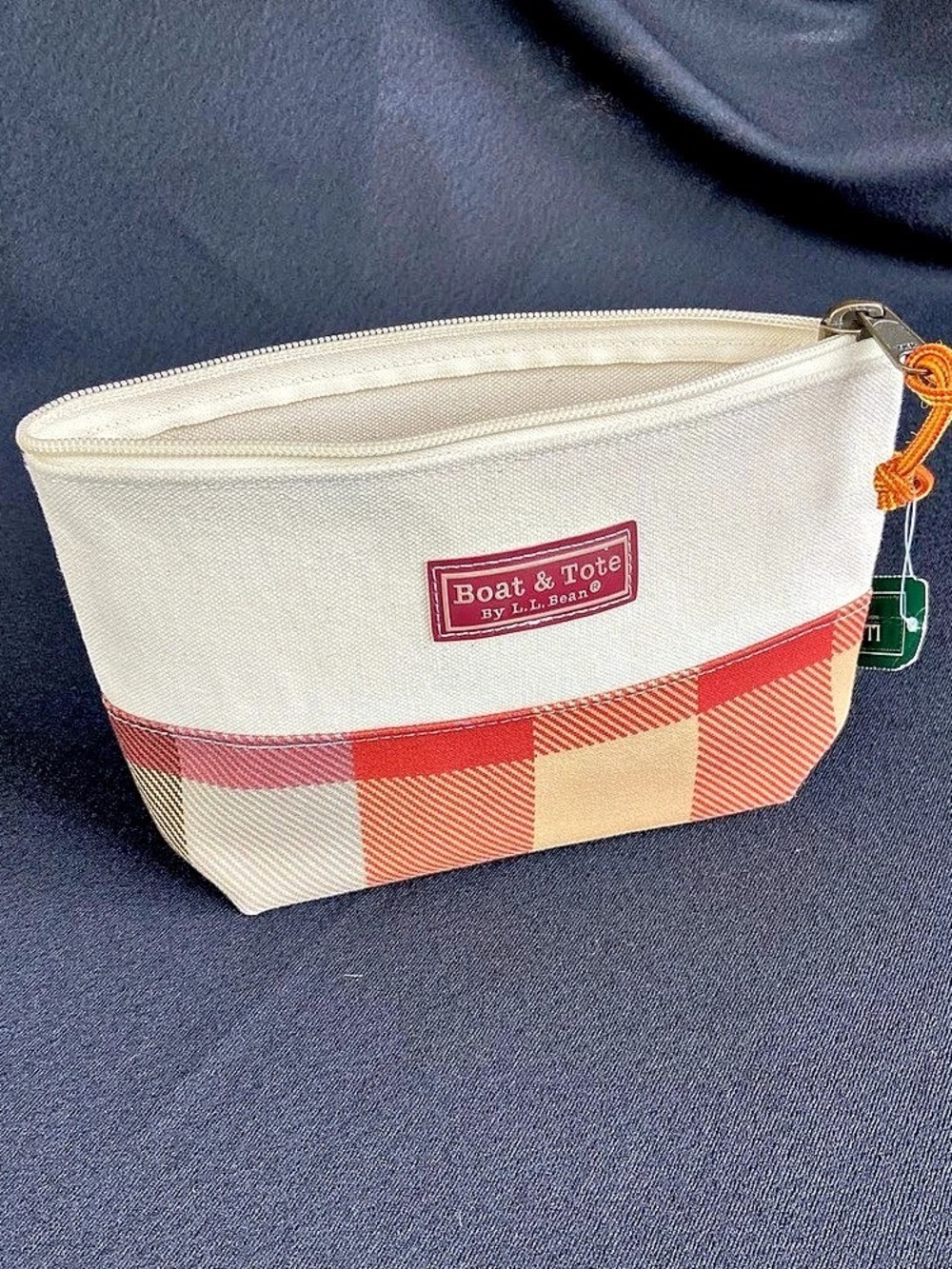 L.L.Bean Boat & Tote Zip Accessory Pouch Plaid Orange & Beige